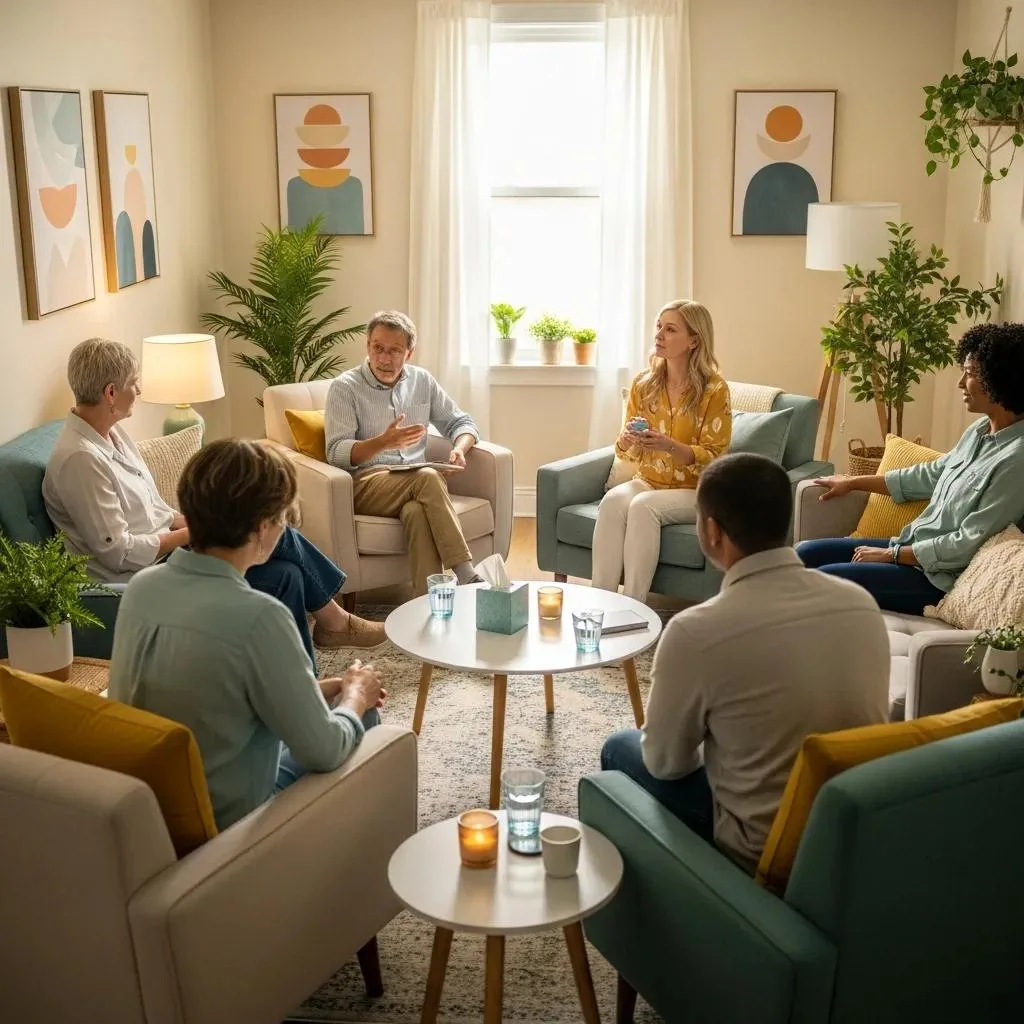 Group Therapy Session In A Comfortable, Supportive Setting That Highlights The Benefits Of Residential Rehab