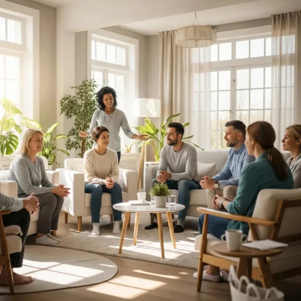 Supportive Group Therapy Session In A Serene Recovery Environment