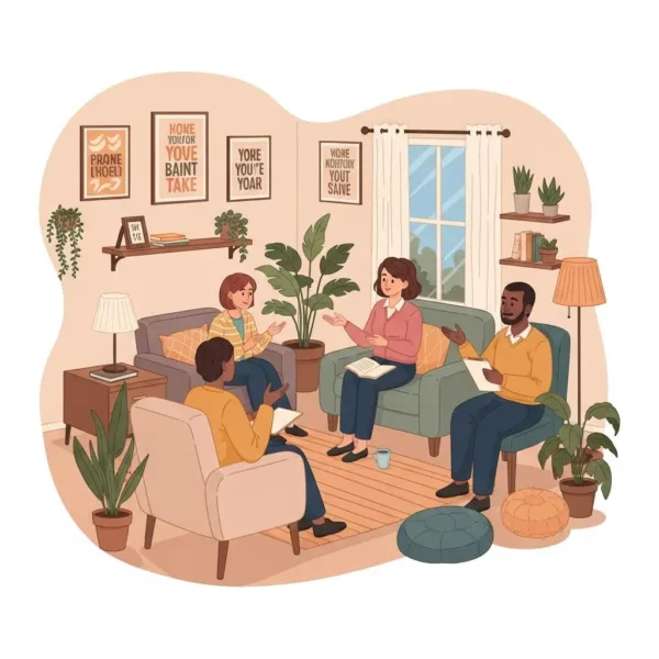 Supportive Therapy Session For Addiction Recovery With Diverse Individuals And A Therapist In A Cozy Environment