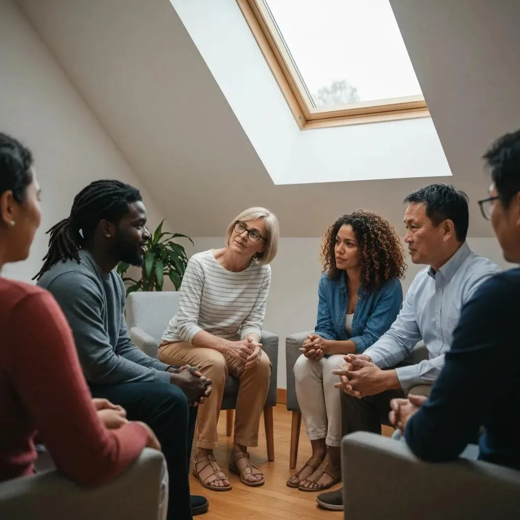 Group Therapy Session Showing Connection And Support During Addiction Recovery