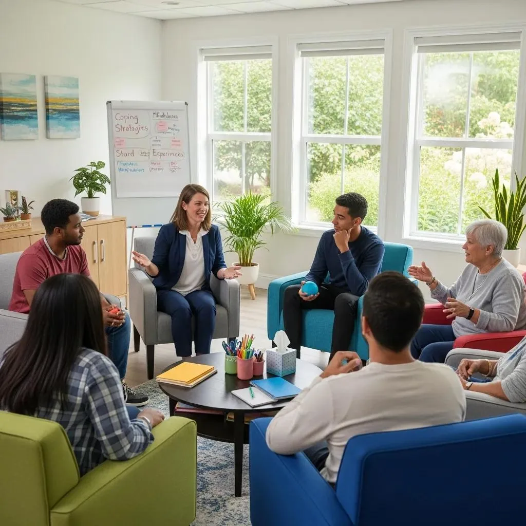 Licensed Clinician Leading A Group Therapy Session At An Inpatient Treatment Facility