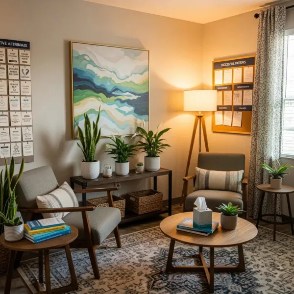 Blogs Therapy Room Designed For Addiction Treatment, Featuring Comfortable Seating And Calming Decor