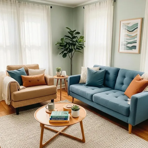 Blogs Therapy Room Designed For Anxiety And Addiction Treatment, Featuring Calming Decor And Inviting Seating