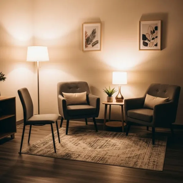 Therapy Room Setup For Individual Addiction Counseling, Emphasizing Comfort And Confidentiality