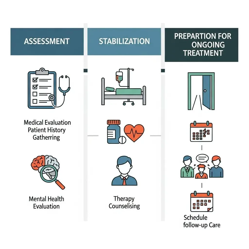 Illustration Of The Three Stages Of Medical Detox: Assessment, Stabilization, And Transition To Treatment
