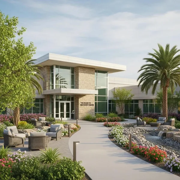 Welcoming Entrance Of A Modern Addiction Treatment Center In North Las Vegas, Emphasizing Recovery And Hope
