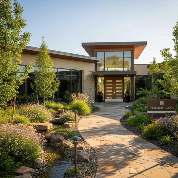 Welcoming Entrance Of A Rehab Facility Surrounded By Greenery, Symbolizing Hope And Recovery